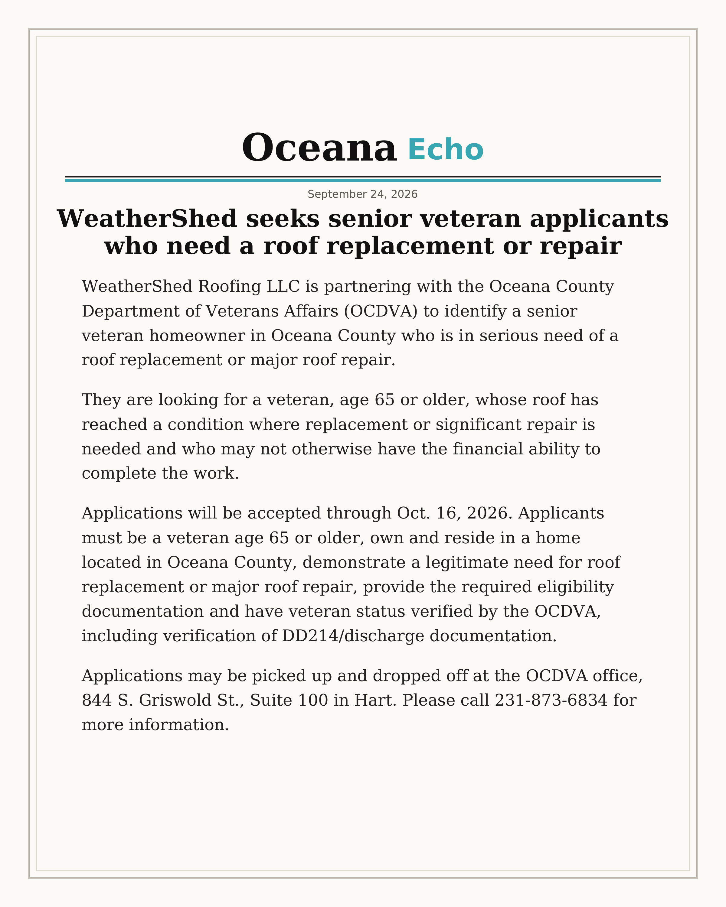 Oceana Echo coverage of WeatherShed Roofing's Veterans Roof Project