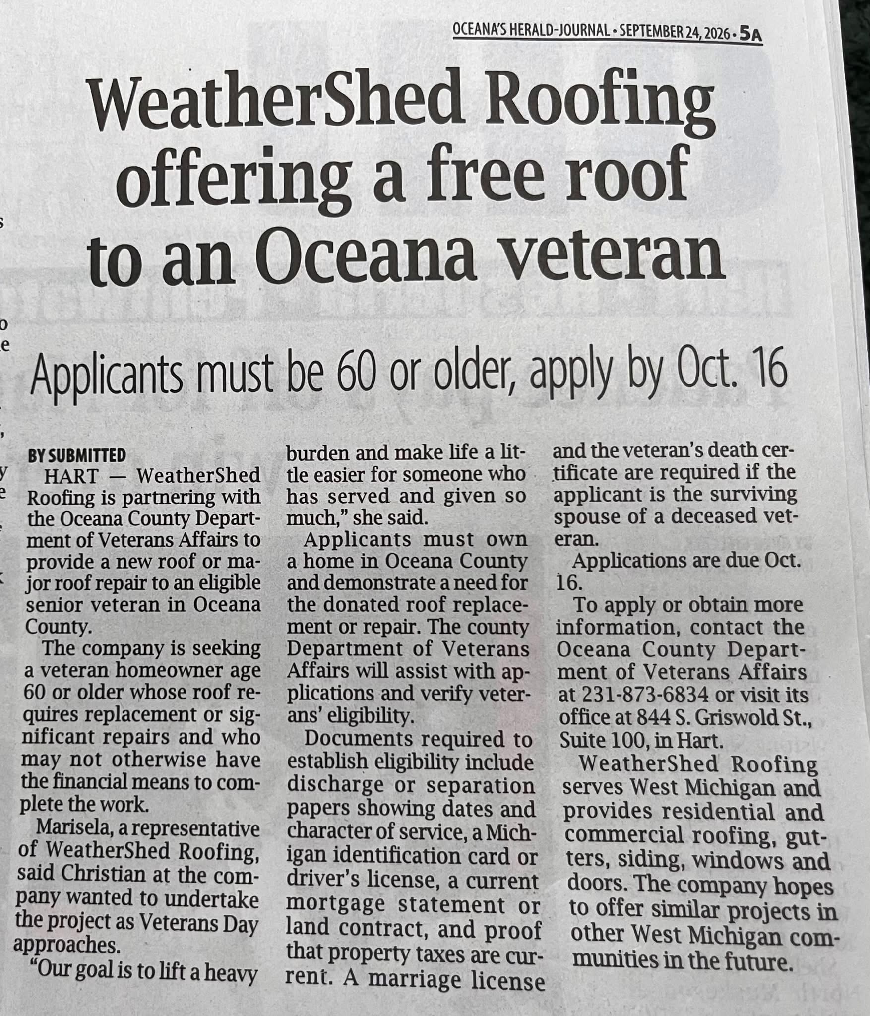 Oceana's Herald-Journal article about WeatherShed Roofing offering a free roof to an Oceana veteran